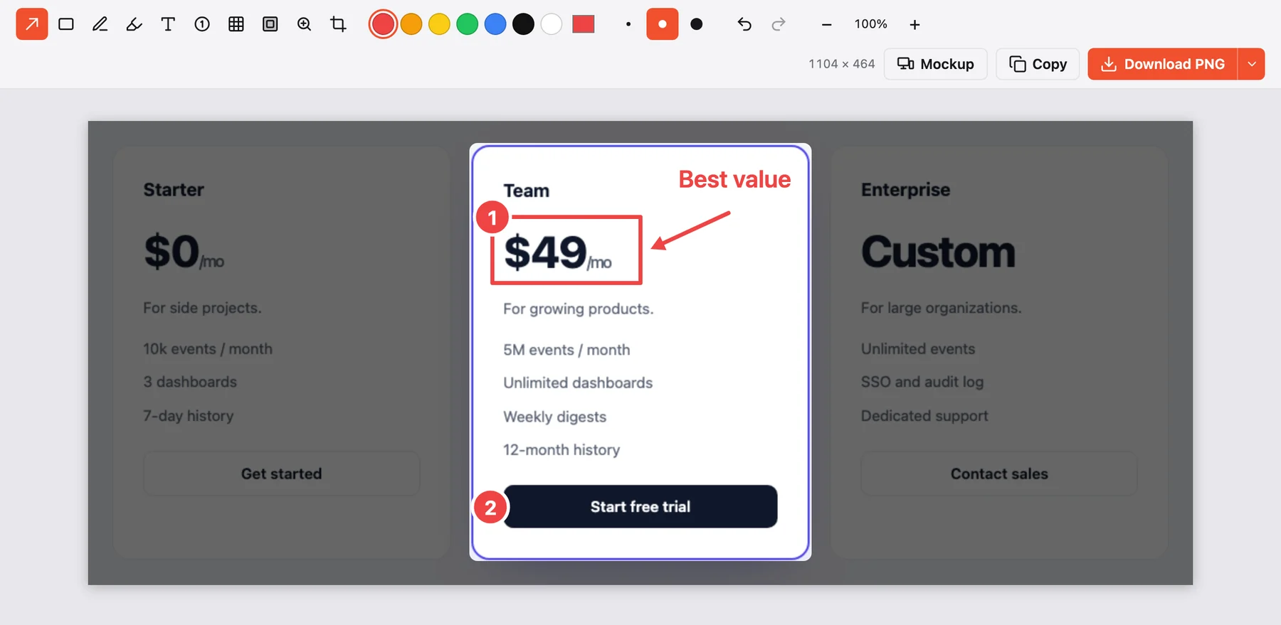 The editor with a pricing card spotlighted, a red box around the price, an arrow, a Best value label and numbered steps