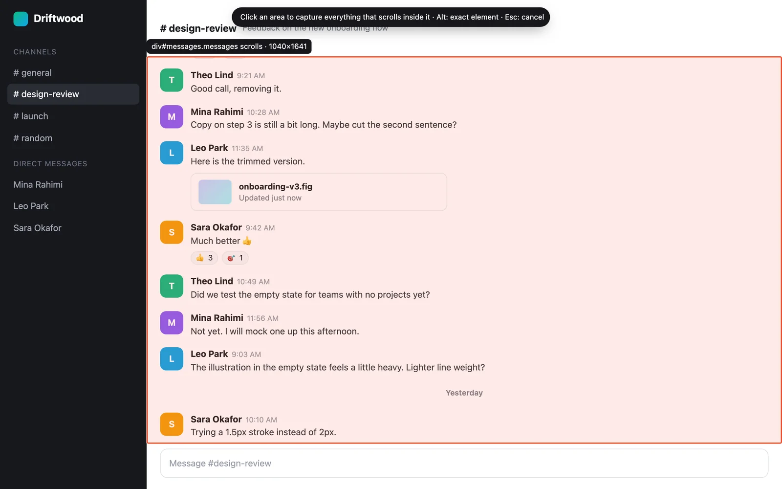 Hovering a chat's message list, labelled as a scrolling element 1040 by 1641 pixels