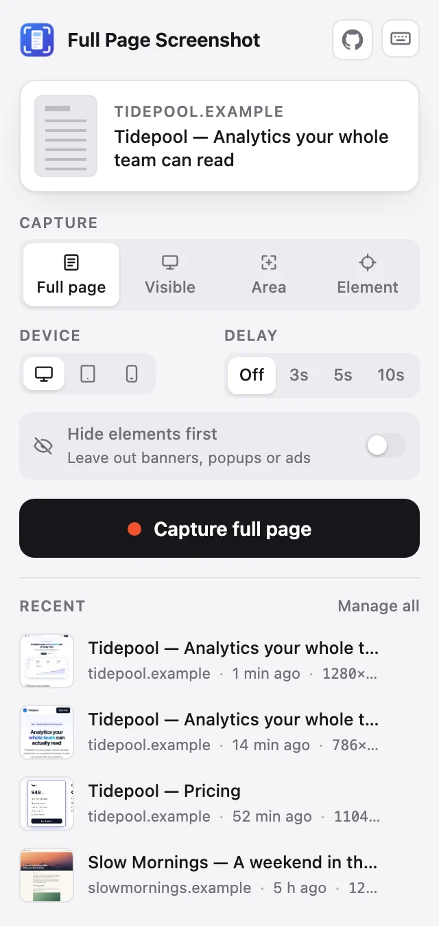 The extension popup with the Full page, Visible, Area and Element modes, device and delay options, and recent screenshots